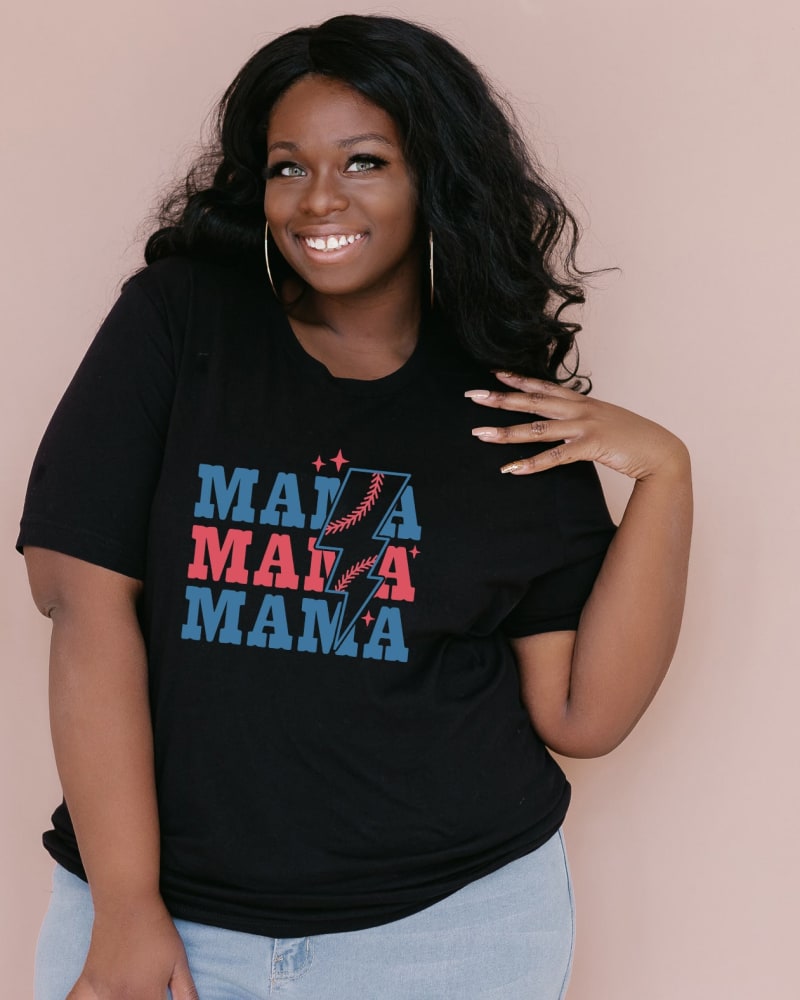 Front of a model wearing a size 2XL Baseball Mama Lightning Bolt in Black by Simply Sage Market. | dia_product_style_image_id:281413